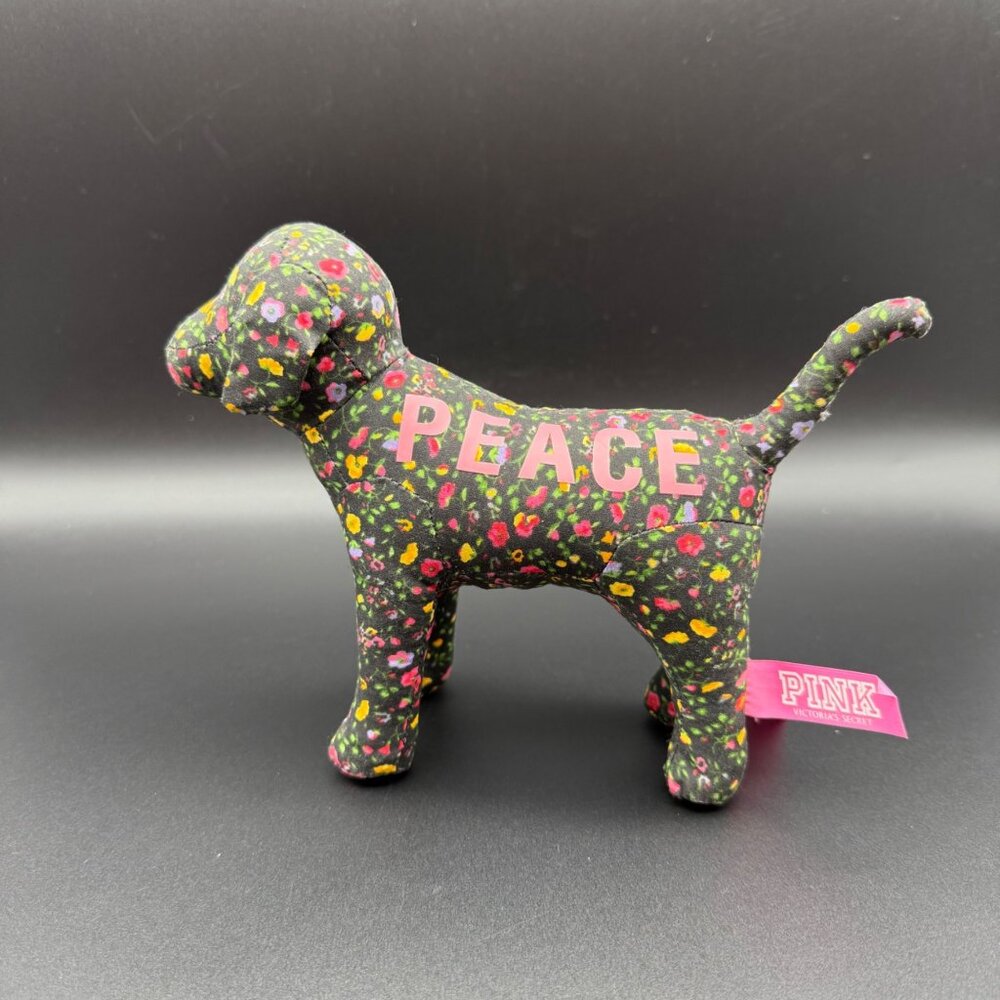 2/$20 Victoria Secret Pink Plush Dog Peace Black Floral Flowers 6" Tall